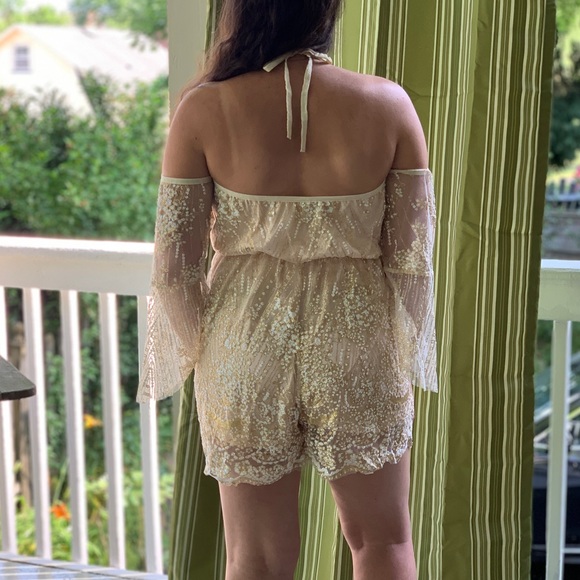 Gold Glitter Romper with Bell Sleeves - Picture 3 of 5